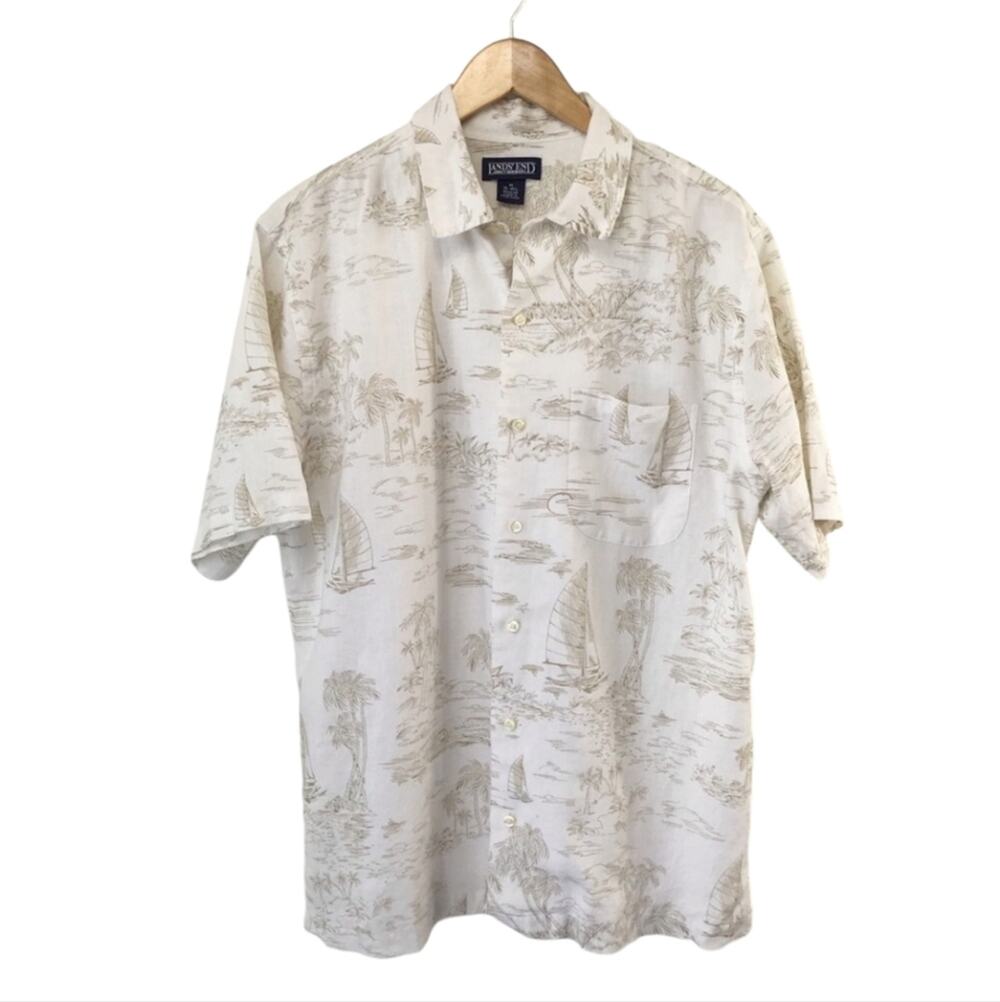 Land’s End Hawaiian 100% Linen Button Up Short Sleeve Shirt Medium